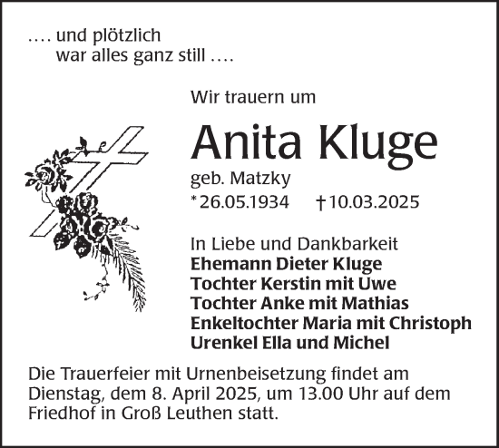 Traueranzeige von Anita Kluge von Lausitzer Rundschau