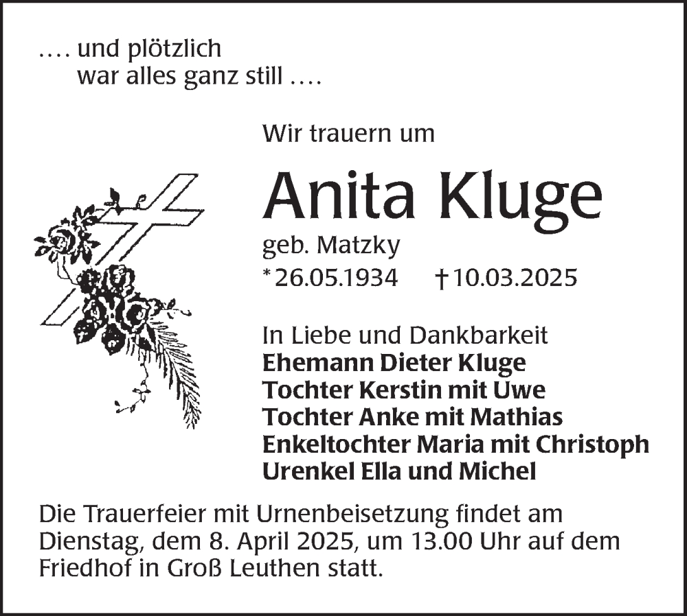  Traueranzeige für Anita Kluge vom 29.03.2025 aus Lausitzer Rundschau