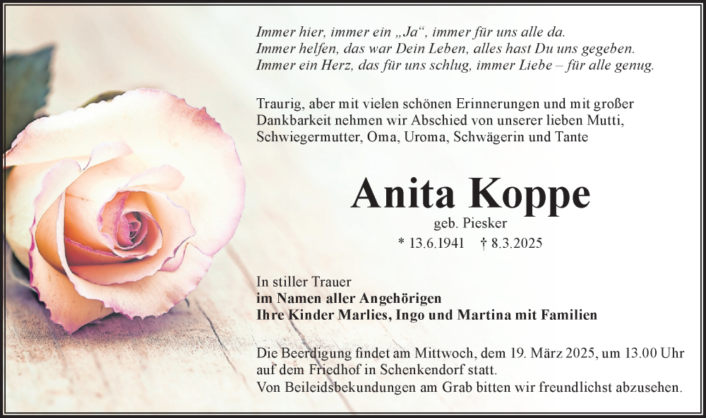  Traueranzeige für Anita Koppe vom 15.03.2025 aus Lausitzer Rundschau