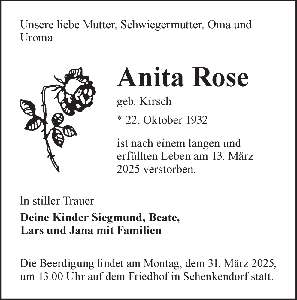  Traueranzeige für Anita Rose vom 22.03.2025 aus Lausitzer Rundschau