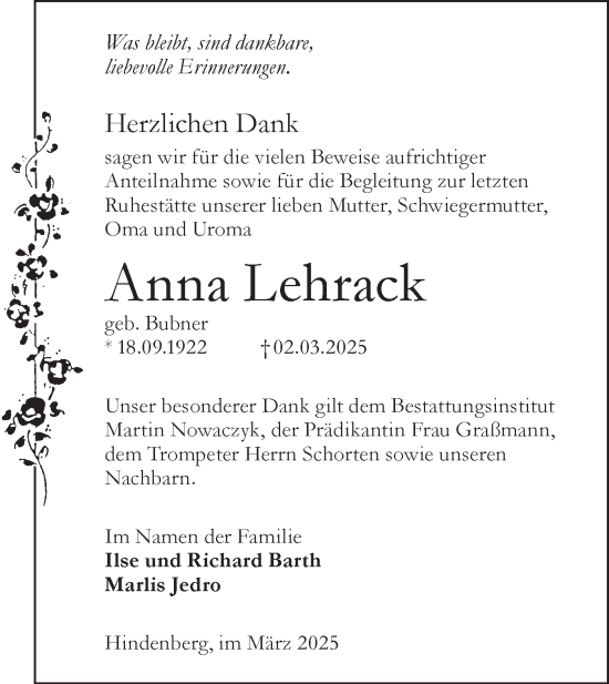 Traueranzeige von Anna Lehrack von Lausitzer Rundschau