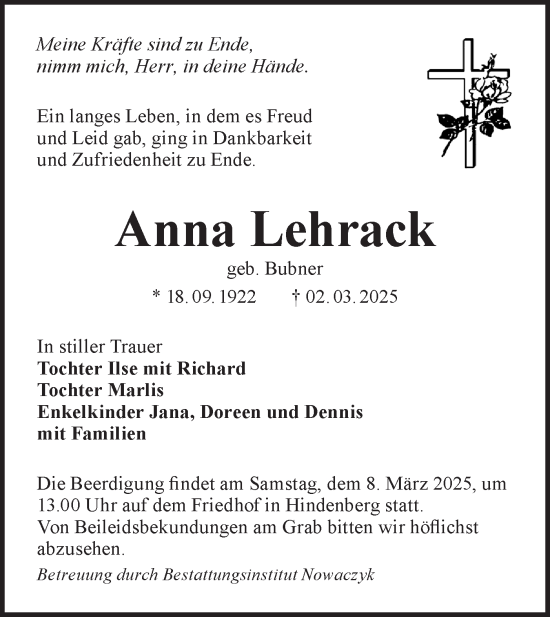 Traueranzeige von Anna Lehrack von Lausitzer Rundschau