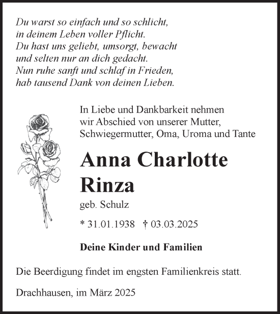 Traueranzeige von Anna Charlotte Rinza von Lausitzer Rundschau