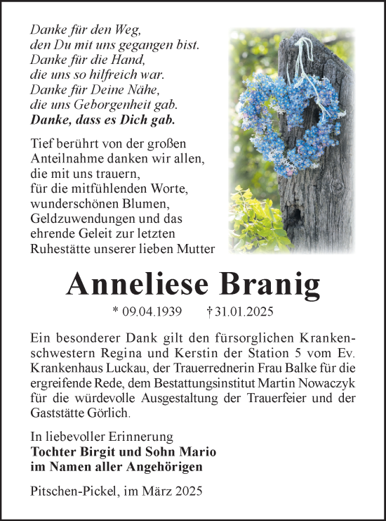 Traueranzeige von Anneliese Branig von Lausitzer Rundschau