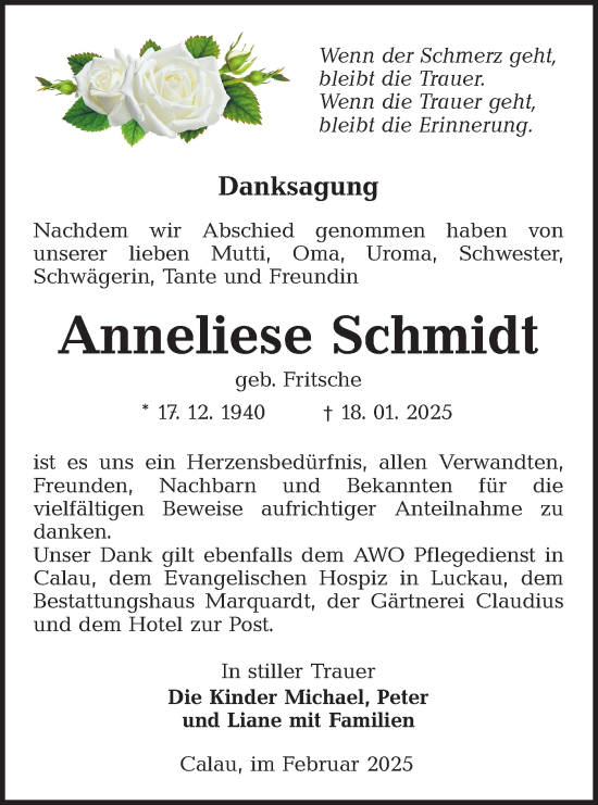 Traueranzeige von Anneliese Schmidt von Lausitzer Rundschau