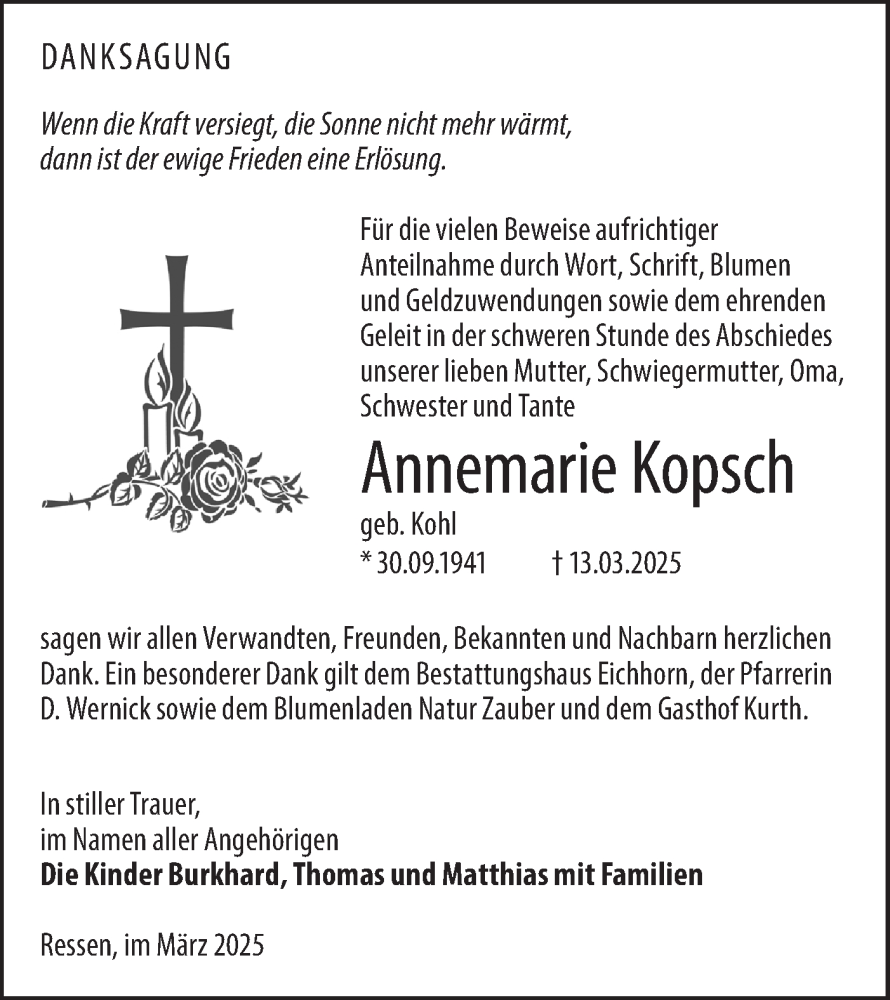  Traueranzeige für Annemarie Kopsch vom 29.03.2025 aus Lausitzer Rundschau