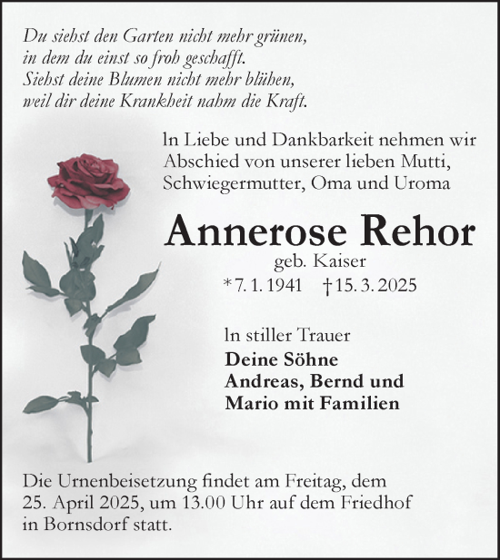 Traueranzeige von Annerose Rehor von Lausitzer Rundschau
