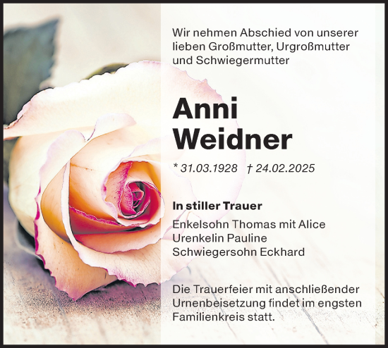 Traueranzeige von Anni Weidner von Lausitzer Rundschau
