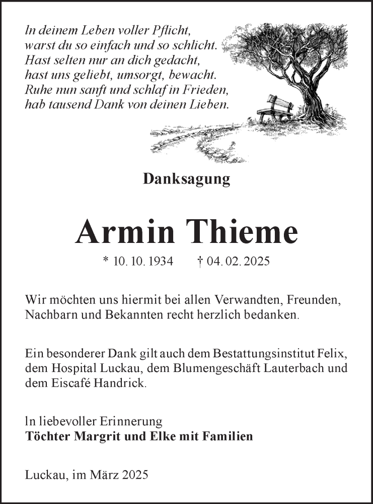  Traueranzeige für Armin Thieme vom 15.03.2025 aus Lausitzer Rundschau