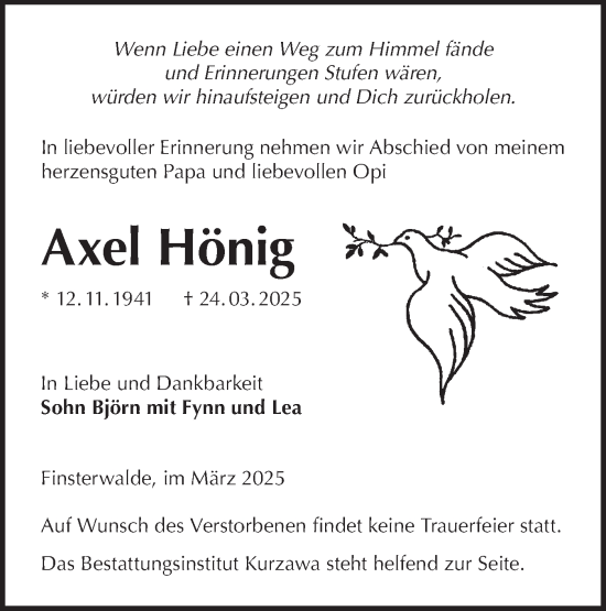 Traueranzeige von Axel Hönig von Lausitzer Rundschau