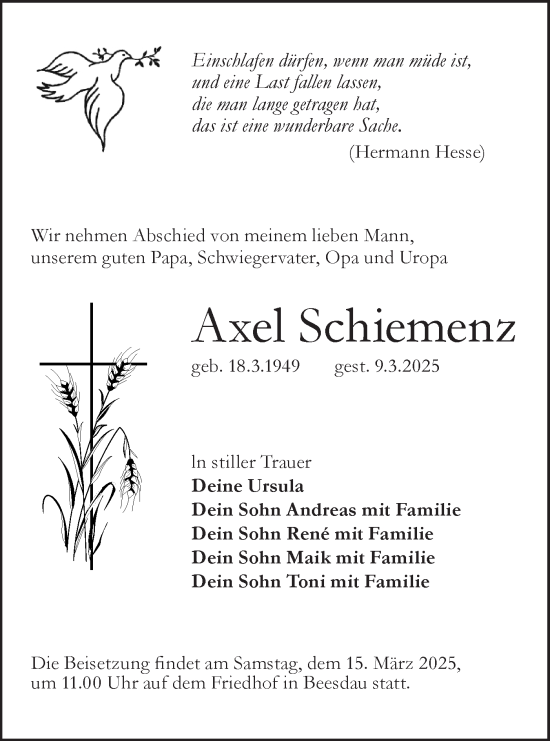 Traueranzeige von Axel Schiemenz von Lausitzer Rundschau