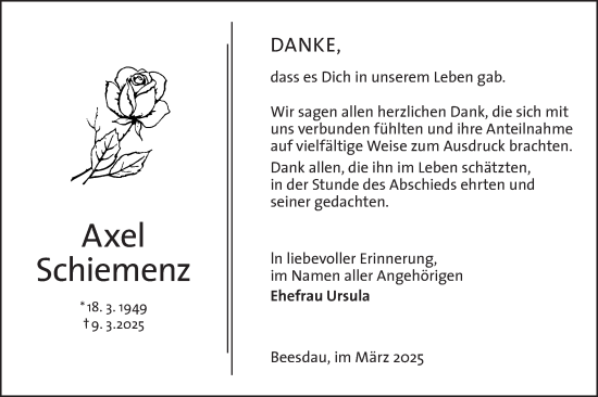 Traueranzeige von Axel Schiemenz von Lausitzer Rundschau