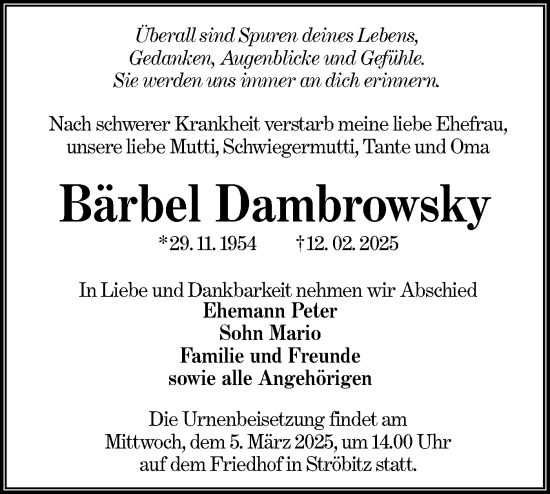 Traueranzeige von Bärbel Dambrowsky von Lausitzer Rundschau