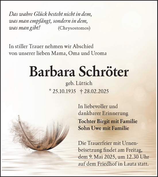 Traueranzeige von Barbara Schröter von Lausitzer Rundschau