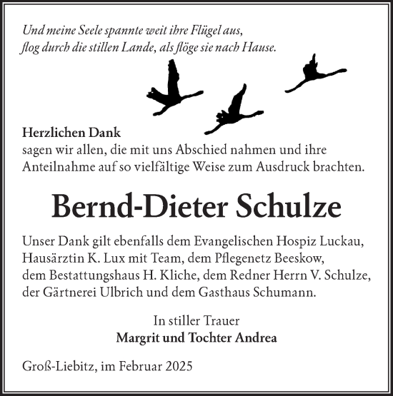 Traueranzeige von Bernd-Dieter Schulze von Lausitzer Rundschau