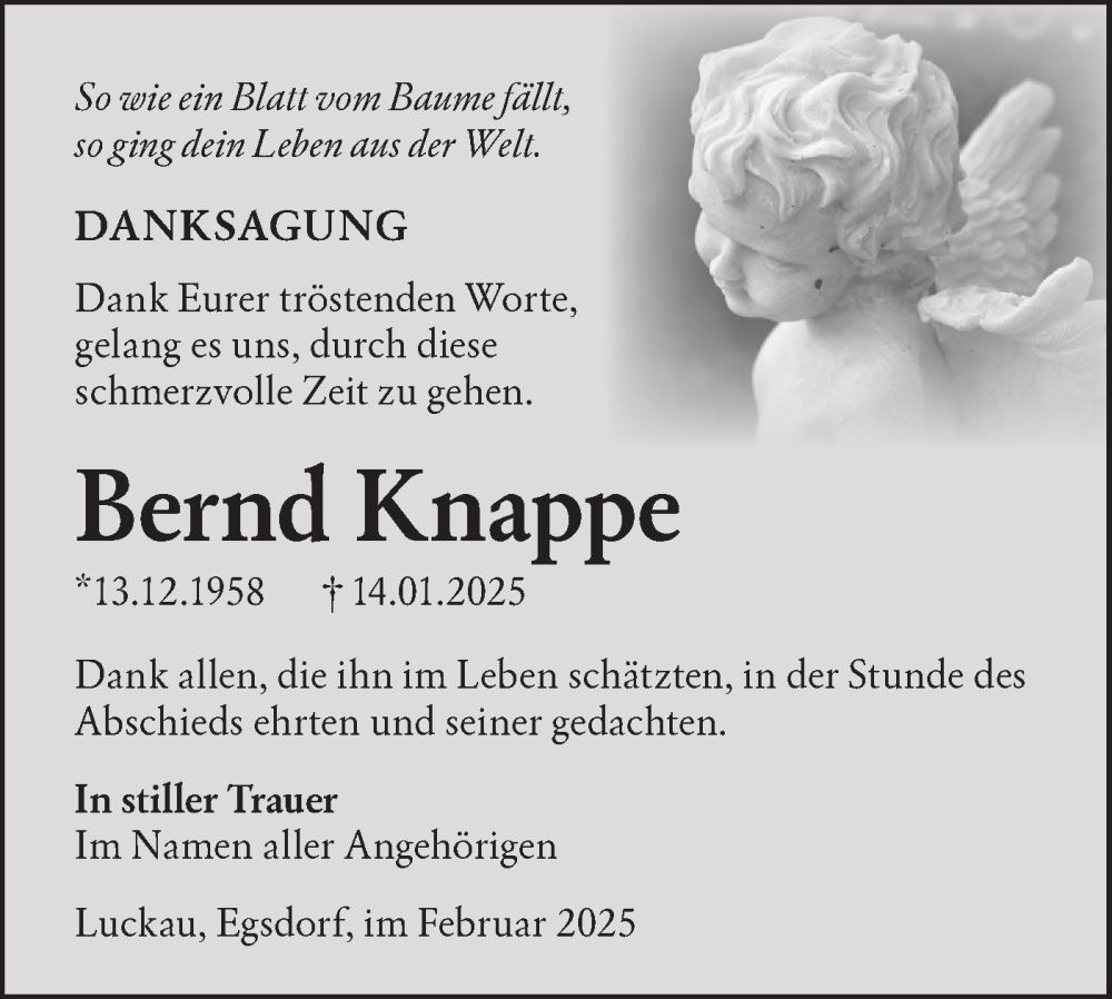  Traueranzeige für Bernd Knappe vom 01.03.2025 aus Lausitzer Rundschau