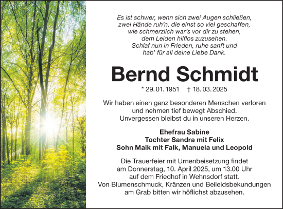 Traueranzeige von Bernd Schmidt von Lausitzer Rundschau