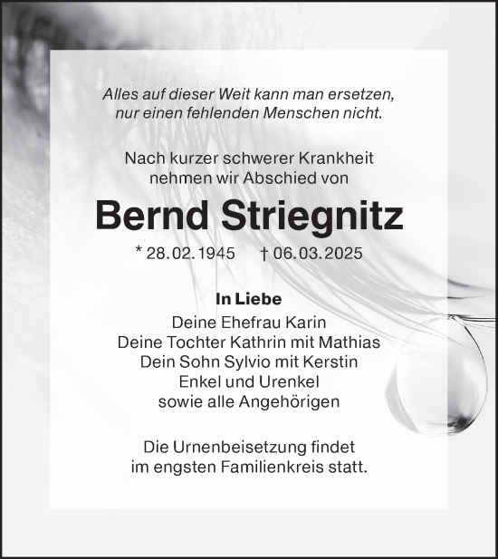 Traueranzeige von Bernd Striegnitz von Lausitzer Rundschau