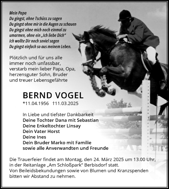 Traueranzeige von Bernd Vogel von Lausitzer Rundschau