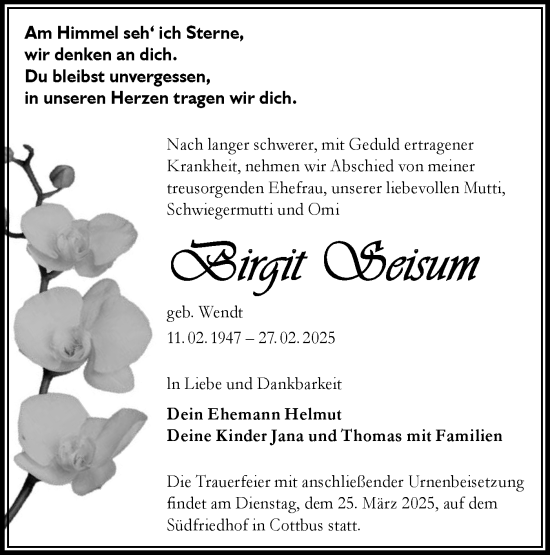 Traueranzeige von Birgit Seisum von Lausitzer Rundschau