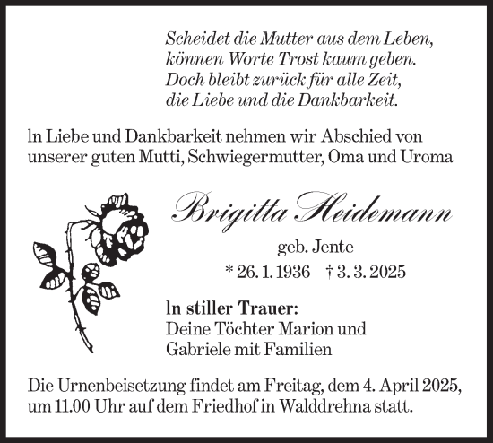 Traueranzeige von Brigitta Heidemann von Lausitzer Rundschau
