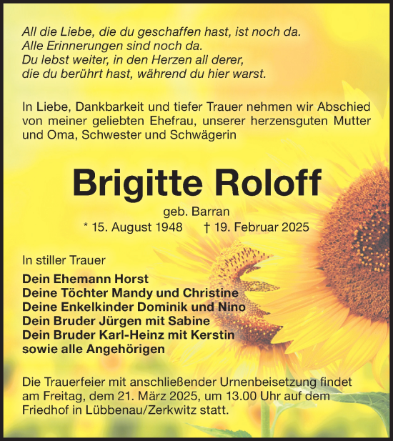 Traueranzeige von Brigitte Roloff von Lausitzer Rundschau