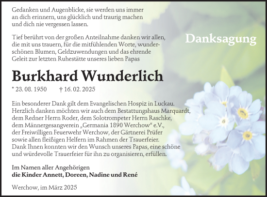 Traueranzeige von Burkhard Wunderlich von Lausitzer Rundschau