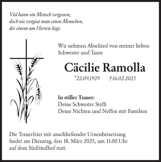 Traueranzeige von Cäcilie Ramolla von Lausitzer Rundschau