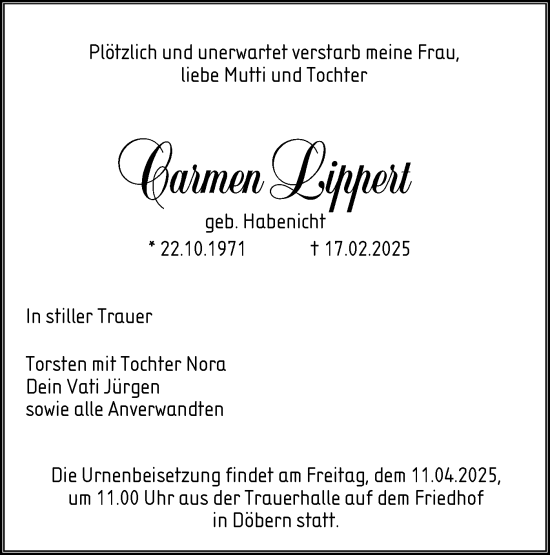 Traueranzeige von Carmen Lippert von Lausitzer Rundschau