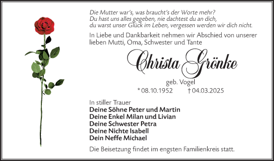 Traueranzeige von Christa Grönke von Lausitzer Rundschau
