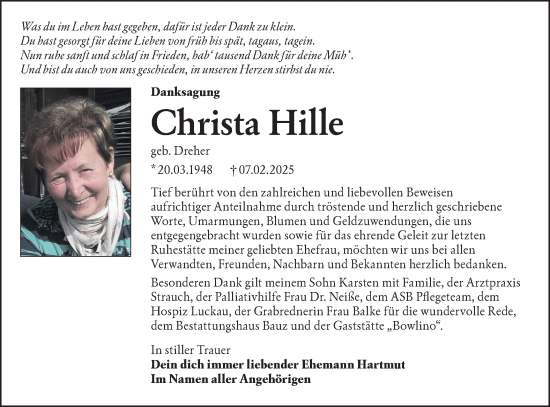Traueranzeige von Christa Hille von Lausitzer Rundschau
