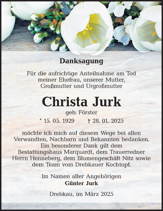 Traueranzeige von Christa Jurk von Lausitzer Rundschau