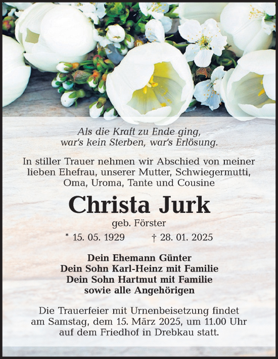 Traueranzeige von Christa Jurk von Lausitzer Rundschau