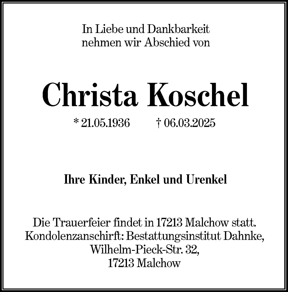  Traueranzeige für Christa Koschel vom 31.03.2025 aus Lausitzer Rundschau