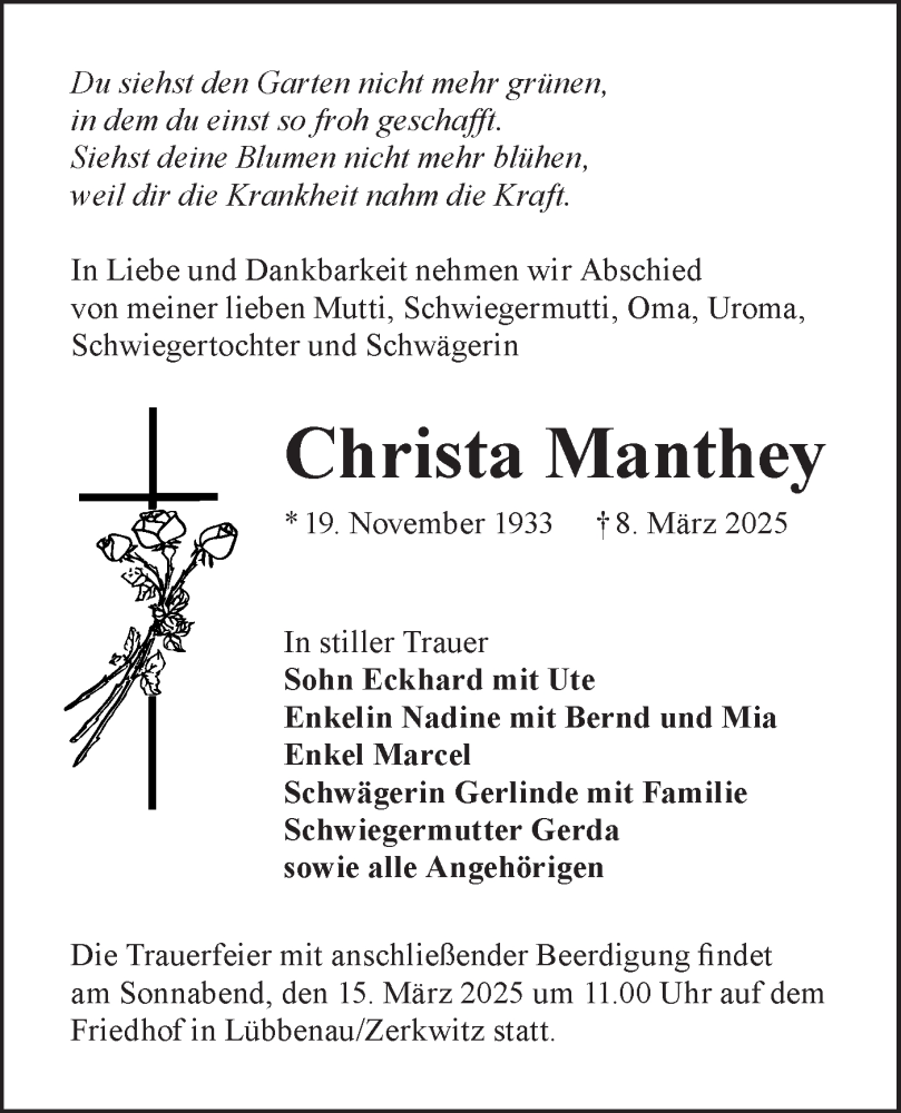  Traueranzeige für Christa Manthey vom 13.03.2025 aus Lausitzer Rundschau