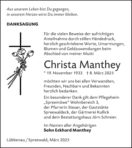 Traueranzeige von Christa Manthey von Lausitzer Rundschau
