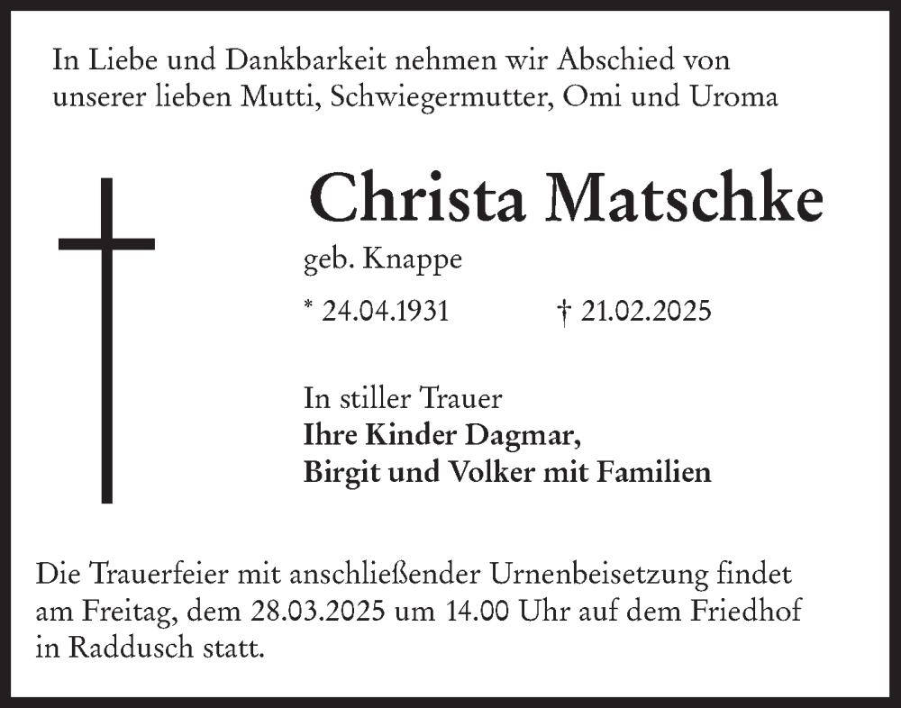  Traueranzeige für Christa Matschke vom 22.03.2025 aus Lausitzer Rundschau