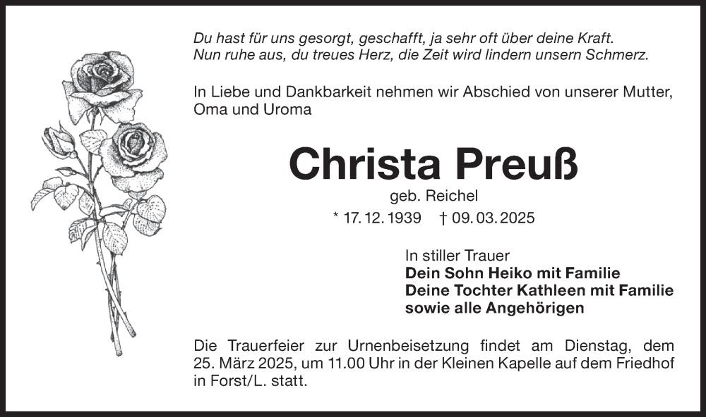  Traueranzeige für Christa Preuß vom 22.03.2025 aus Lausitzer Rundschau