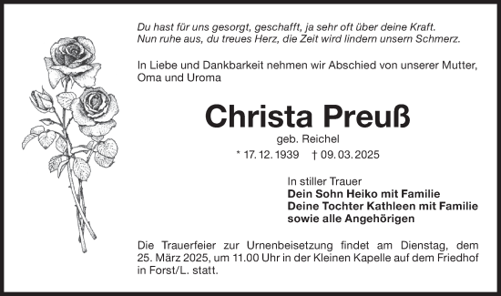 Traueranzeige von Christa Preuß von Lausitzer Rundschau