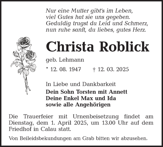 Traueranzeige von Christa Roblick von Lausitzer Rundschau