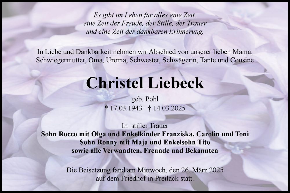  Traueranzeige für Christel Liebeck vom 29.03.2025 aus Lausitzer Rundschau