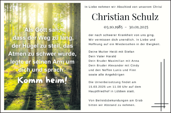 Traueranzeige von Christian Schulz von Lausitzer Rundschau