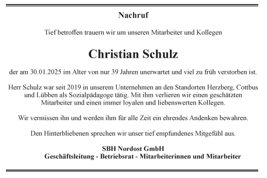 Traueranzeige von Christian Schulz von Lausitzer Rundschau