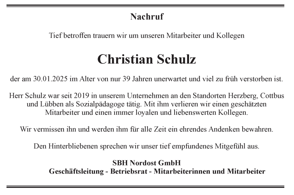  Traueranzeige für Christian Schulz vom 08.03.2025 aus Lausitzer Rundschau