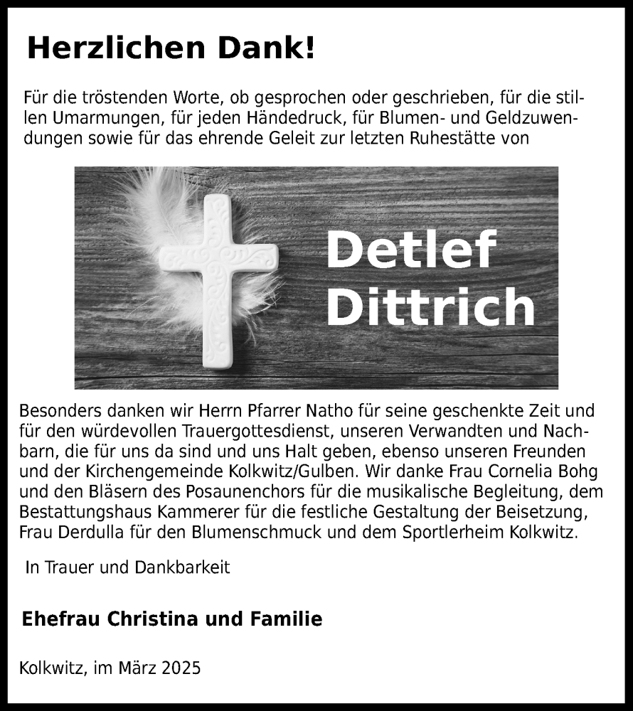  Traueranzeige für Detlef Dittrich vom 08.03.2025 aus Lausitzer Rundschau