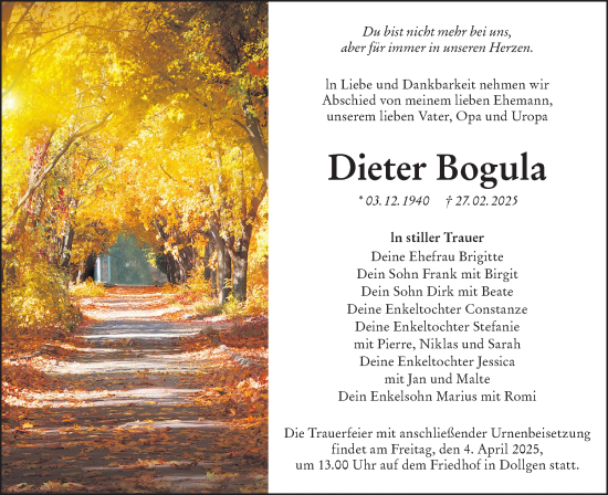 Traueranzeige von Dieter Bogula von Lausitzer Rundschau