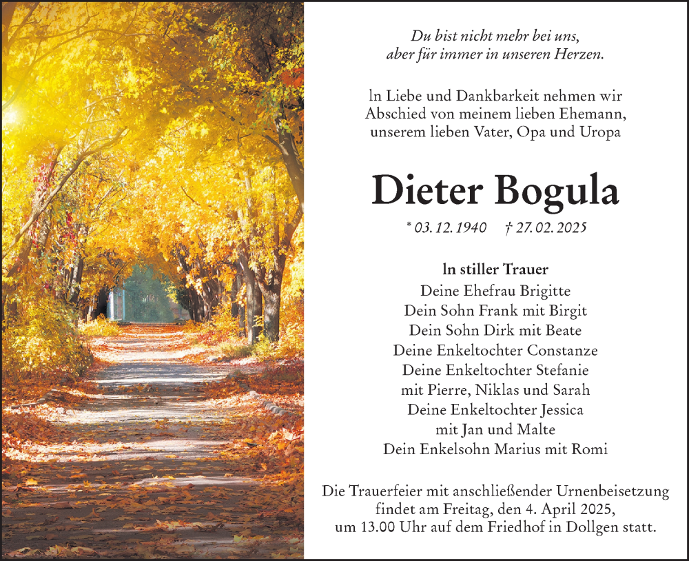  Traueranzeige für Dieter Bogula vom 22.03.2025 aus Lausitzer Rundschau