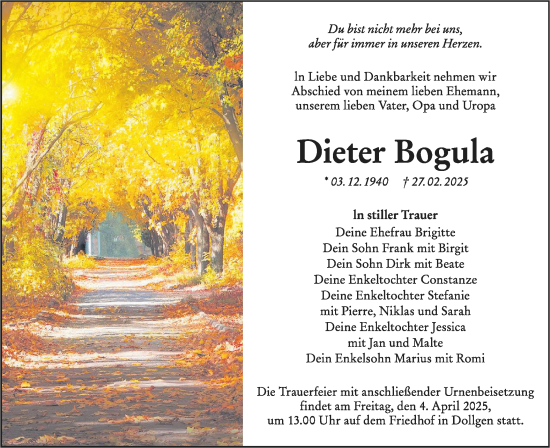 Traueranzeige von Dieter Bogula von Lausitzer Rundschau