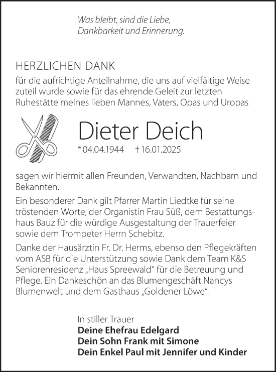 Traueranzeige von Dieter Deich von Lausitzer Rundschau