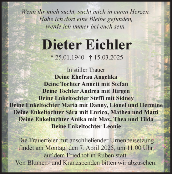 Traueranzeige von Dieter Eichler von Lausitzer Rundschau